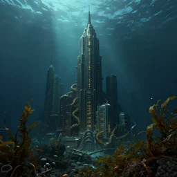 rapture bioshock, city at sea floor, water, submerged, seaweed, fish, realistic, detailed, underwater, dark