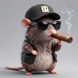 anthropomorphic gangster rat smoking a massive cigar, wearing sunglasses and a cap, long fur, anthropomorphic rat, detailed, 3d render, 4k, pixar