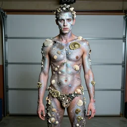 a human standing in his garage, covered with iridescent bodypaint, shells and barnacles, 2 0 0 7 motorola cell phone pic