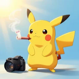 a professional photographer of pikachu smoking a bong with sun rays shining through the smoke, dramatic lighting, canon t 6