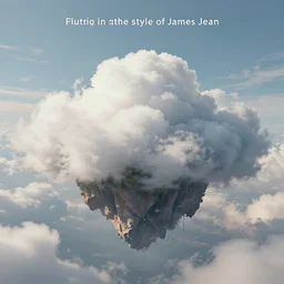“puffy cloudscape, floating island, album art in the style of James Jean”