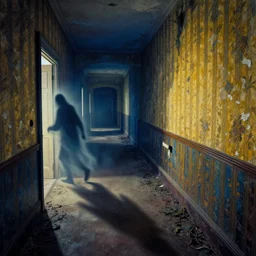 in this ominous scene, we see a long twisting corridor leading to a door with light spilling beneath it, a mysterious ghostly figure passes through old wallpaper, art by bernie wrightson, foreboding, creepy, dusty, abandoned, colorful, blue and gold color scheme, masterpiece, vines on the floor, clear silhouette casting a long dark shadow, yellowing wallpaper