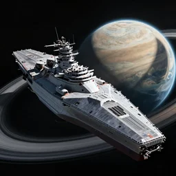 a large battlecruiser space ship, orbiting a ringed planet, maximum detail, octane render, ArtStation