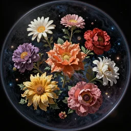 An epic fantastic realism comic book style painting of the most beautiful flowers launched into space, bouquets, dark cosmos, fisheye lens, unreal 5, DAZ, hyperrealistic, octane render, dynamic lighting