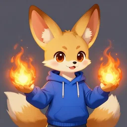 furaffinity furry art of an anthro fennec character holding fireballs and wearing a blue sweatshirt, digital painting, detailed, cute, big eyes