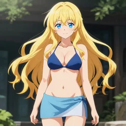 a very beautiful anime mature girl, full body, long wavy blond hair, sky blue eyes, full round face, short smile, bikini, miniskirt, front view, medium shot, mid-shot, highly detailed, cinematic wallpaper by Stanley Artgerm Lau