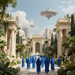 verdant Mediterranean garden based on the design of carlo scarpa in a megacity made of travertine temples, a crowd wearing blue robes in the foreground, aztec starship in the sky, sci-fi, light blue sky with clouds, dramatic matte painting, style by syd mead, 8k, octane render, photorealistic, hyperrealism