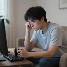 a sad and lonely man playing video games all by himself, as nobody responded to a single one of his numerous invitations to play with him, digital comic