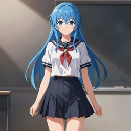 half body portrait of a beautiful anime girl wearing a school uniform, blue hair, full body shot, smooth, digital illustration, extremely detailed, sharp focus, popular on pixiv, gelbooru, danbooru, makoto shinkai, dramatic lighting