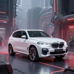 scifi futuristic bmw x 5, scifi environment, white glow, red glow, ultra realistic, highly detailed, futuristic landscape, industrial, city, atmosphere, highlighted, cinematic, art by jan urschel and neil blevins