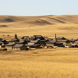 an ancient - style farming village located in a vast landscape of golden grassy hills