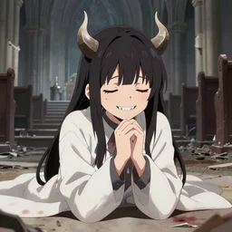 cute japanese girl with small horns, sharp and pointy vampire teeth, dressed in an old white coat with faint blood stains, praying on the floor of a destroyed church, with her eyes and mouth closed and a smile, detailed artwork by Yoji Shinkawa