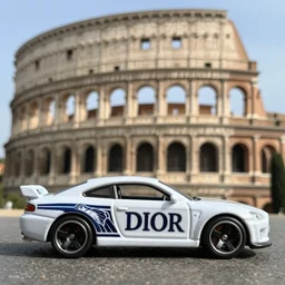3 5 mm photo of dior design car like hot wheels model, rome background, epic cinematic