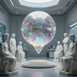 simplicity, sci fi lab room, sculpture of a holographic iridescent luminescent sphere floating, marble sculptures of people surrounding, by moebius, by simon stalenhag, by andrew jones, ethereal, cinematic, 8 k, volumetric lighting,
