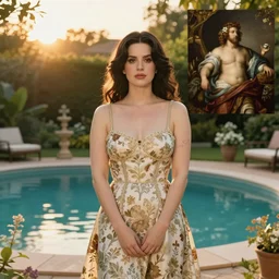 Lana del Rey, next to a pool, golden hour, in a garden, artstation, by J. C. Leyendecker and Peter Paul Rubens,