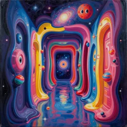an extremely high quality hd surrealism painting of a 3 d galactic neon complimentary - colored cartoony surrealism melting optically illusiony hallway by kandsky and salviadoor dali the seventh, salvador dali's much much much much more talented painter cousin, 4 k, ultra realistic, super realistic, so realistic that it changes your life