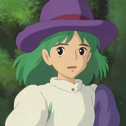 studio ghibli, girl, green hair, purple hat
