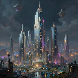 ultra realist intricate detailed landscape painting of a utopian alien world with mirrored skyscrapers and neon lights, very intricate details, bokeh focus, 8 k render, artstyle andree wallin, award winning