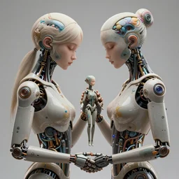 photorealistic, gorgeous symmetrical female cyborg, holding hands, lovingly holding highly detailed, synthetic creation, intricate, in the style of beth cavener, jin kagetsu, wlop, masterpiece, concept art, high key lighting, ambient lighting, octane render, 8 k, artstation