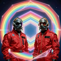 two emperors wearing flight masks and red rick owens flight suits inside the glowing geometric rainbow portal to the sixth dimension by frank frazetta