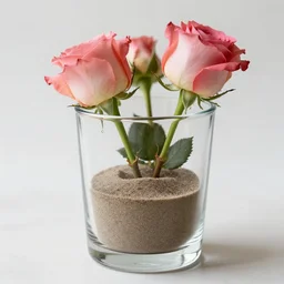 a glass with sand and roses