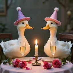 two ducks with funny hats on their heads having a romantic dinner with candles champagne petals roses, hyperrealistic, focused, extreme details, masterpiece, 8 k, ultrahd, hd resolution