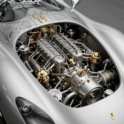Ferrari car with an exposed engine, fantasy, intricate art nouveau mechanical designs, elegant, highly detailed, sharp focus, art by Artgerm and Greg Rutkowski and WLOP