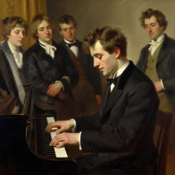 attractive male playing piano, people gathering around him, painting by gaston bussiere, craig mullins, j. c. leyendecker