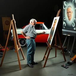jay leno stands at his easel, painting an edsel