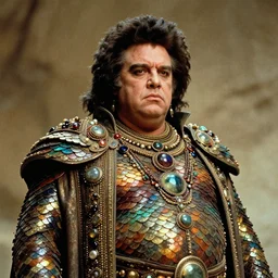 Jodorowsky's Dune movie, Marlon Brando as Baron Harkonnen, fat, mail coif!!!! and outfit covered in colorful scales and jewels, cinematic, cinestill 400t film