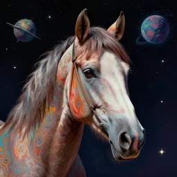 psychedelic portrait of a horse in space, concept art, highly detailed