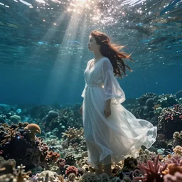 double exposure priestess underwater reef sparkling bokeh, in the style of makoto shinkai and leiji matsumoto