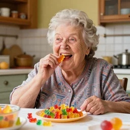 hyper realistic hight detailed grandmother with a big mouth eating gummi bears on the table in the russian kitchen, by norman rockwell, bright colors, 4 k, 1 6 k, 3 2 k, photorealistic, cartoon style