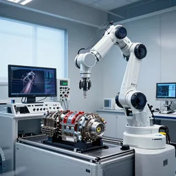 a complex thick bifurcated robotic cnc surgical arm cybernetic symbiosis hybrid mri 3 d printer machine making large ferrari motors in a biochem lab control panels, 4 k, large monitor screens, knobs, drone camera lens orbs, octane render, windows, architectural photography, f 1 8, still from movie by denis villeneuve,