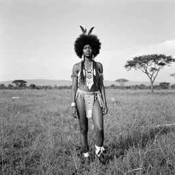 very old 1 3 0 0 s photo of beautiful young black woman with afro with feathers in hair, tee pee in the landscape, wearing native american clothing, hyper realism, wide angle lens, photo real, black and white, jose vagara, photographed by thomas easterly, full body in frame,,