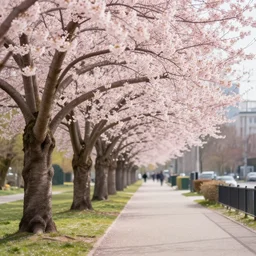 cherry trees blossoming on the sidewalk, digital art, highly detailed, trending on artstation, beautiful lighting