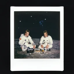 david bowie and astronaut major tom sit on the dark side of the moon, listen to pink floyd on an old cassette recorder and smoke a joint, enjoying the contemplation of deep space with millions of galaxies : a polaroid photo