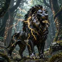 epic black lion with gold lightnings on the body surrounded by ancient forest, colossal scale ,beautiful, low angle, hd, sharp focus, hyperdetailed, artstation, cgsociety, 8k, illustration, brad kunkle, rutkowski, raphael lacoste, magali villeneuve