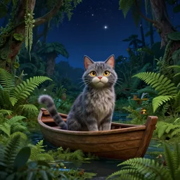 cat in a boat, ferns, jungle, night, stars, highly detailed, 3 d, realistic, unreal engine render concept art, 3 d, dark blue sky, style of henri rousseau and richard scarry and hiroshi yoshida and etel adnan