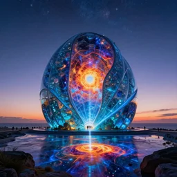 architecture by marina tabassum, thermal imaging cosmic nature lightpaint made of glass elysian retro solar wind postcyberpunk atlantis laser landscape fantasy at dawn, archdaily, wallpaper, highly detailed, trending on artstation.