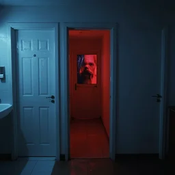 two doors, one leads to a bathroom soaked in blue light, the other leads to a scary red hallway, vhs footage
