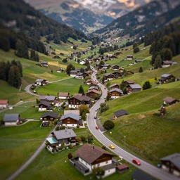 tilt shift focus, miniature 1 9 4 0 s alpine valley, aerial view, quaint tiny town, snaking roads with brightly colored cars, stylized color palette, fill light, golden hour, hyper real