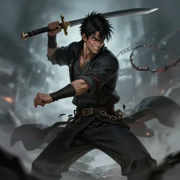 dark - haired happy dude wielding blade and a spine whip, dramatic pose, 8 k, cinematic illustration, trending on artstation