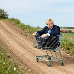 Boris Johnson sitting in a shopping cart rolling down a steep dirt ramp in a rural area