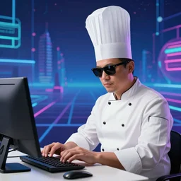 chef wearing tall chef's hat, typing on computer with sunglasses, synthwave background, exploitable image