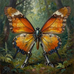 a very large mechanical robotic armored butterfly, forest environment, biotechnology, oil on canvas, deep depth field, masterpiece, cinematic composition, hyper - detailed, hd, hdr