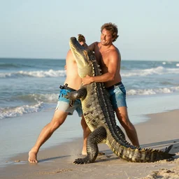 florida man wrestling an aligator, beach, morning,