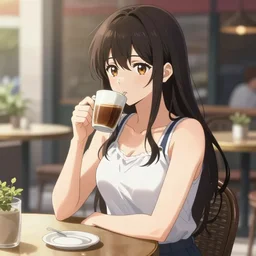 full - body anime girl by davinci drinking coffee at a outdoor cafe, upper - body beautiful extremely detailed anime illustration, stunning face and eyes, pretty, pixiv gelbooru danbooru, anime poster, cel shaded