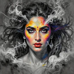 Sara Ali Khan , colorful painting on grey scale face, powerful , magic, thunders, dramatic lighting, intricate, wild, highly detailed, digital painting, artstation, concept art, smooth, sharp focus, illustration, art by artgerm and greg rutkowski and alphonse mucha, footage