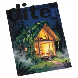 ( ( dither ) ), editorial illustration angled view at a cozy cabin designed by zaha hadid, lush overgrowth, night, foliage, vines, flowers fog, colorful, modern, ( ( mads berg ) ), karolis straututniekas. christopher balskas, strong perspective, cover art, lomography, dramatic lighting, risograph
